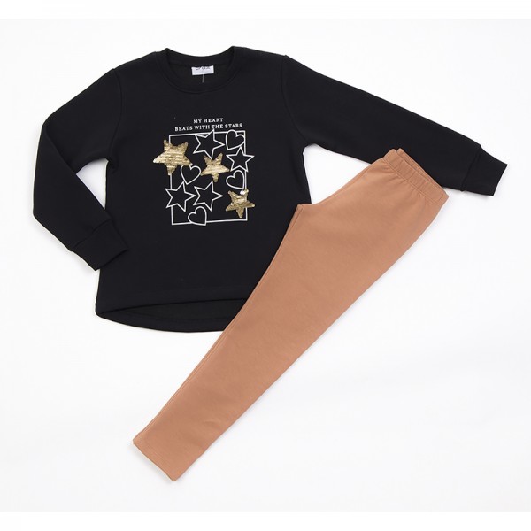 Σετ φούτερ κολάν - μπλούζα μακρυμάνικη με παγιέτες αστέρια και στάμπα, μαύρο - καμηλό